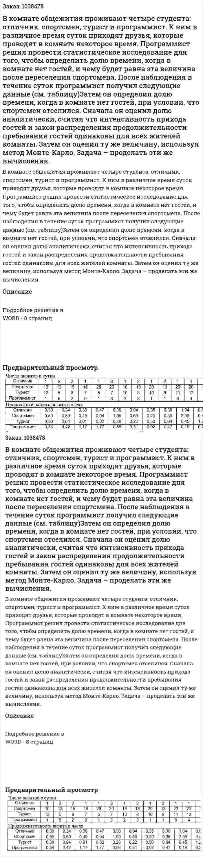 В комнате общежития проживают четыре студента: отличник, спортсмен, турист и программист. К ним в различное время суток приходят друзья, которые проводят в комнате некоторое время. Программист решил провести статистическое исследование для того, чтобы определить долю времени, когда в комнате нет гостей, и чему будет равна эта величина после переселения спортсмена. После наблюдения в течение суток программист получил следующие данные (см. таблицу)Затем он определил долю времени, когда в комнате нет гостей, при условии, что спортсмен отселился. Сначала он оценил долю аналитически, считая что интенсивность прихода гостей и закон распределения продолжительности пребывания гостей одинаковы для всех жителей комнаты. Затем он оценил ту же величину, используя метод Монте-Карло. Задача – проделать эти же вычисления. 