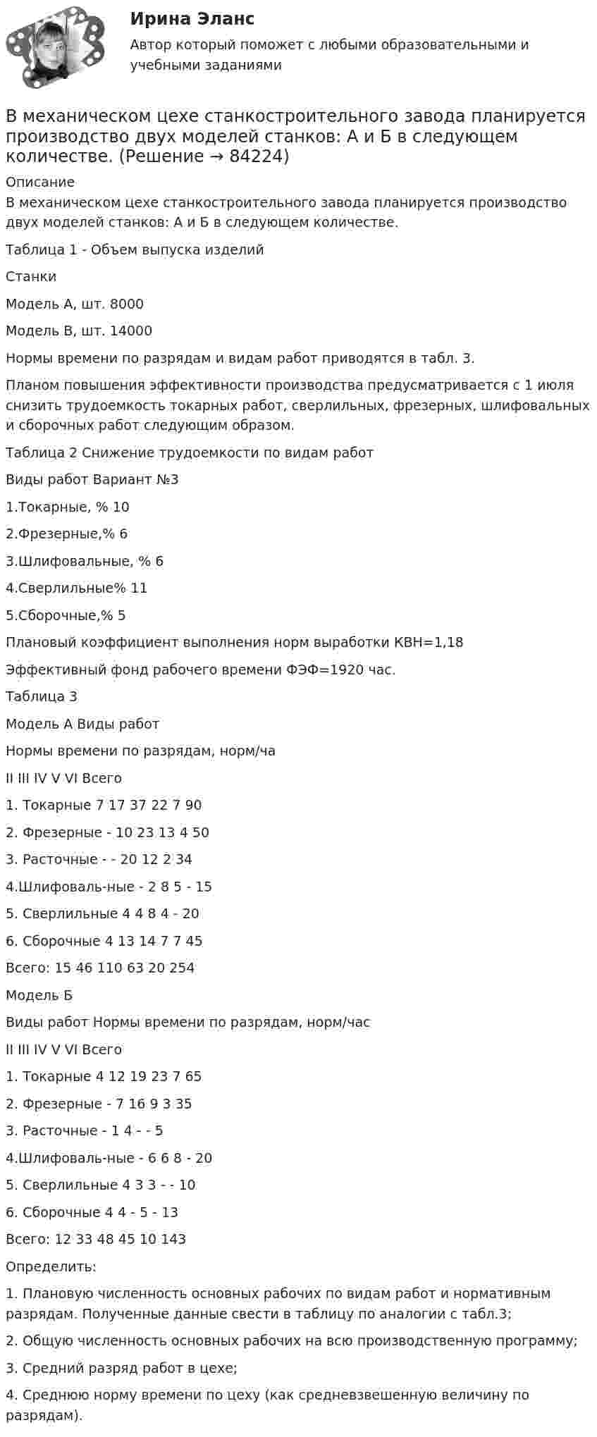     
            Описание
            В механическом цехе станкостроительного завода планируется производство двух моделей станков: А и Б в следующем количестве.  Таблица 1 - Объем выпуска изделий  Станки     Модель А, шт. 8000   Модель В, шт. 14000             Нормы времени по разрядам и видам работ приводятся в табл. 3.        Планом повышения эффективности производства предусматривается с 1 июля снизить трудоемкость токарных работ, сверлильных, фрезерных, шлифовальных и сборочных работ следующим образом.	Таблица 2 Снижение трудоемкости по видам работ  Виды работ Вариант №3   1.Токарные, % 10   2.Фрезерные,% 6   3.Шлифовальные, % 6   4.Сверлильные%  11   5.Сборочные,% 5Плановый коэффициент выполнения норм выработки КВН=1,18Эффективный фонд рабочего времени ФЭФ=1920 час.        Таблица 3    Модель А   Виды работ Нормы времени по разрядам, норм/ча     II III IV V VI Всего   1. Токарные 7 17 37 22 7 90   2. Фрезерные - 10 23 13 4 50   3. Расточные - - 20 12 2 34   4.Шлифоваль-ные  -  2  8  5  -  15   5. Сверлильные 4 4 8 4 - 20   6. Сборочные 4 13 14 7 7 45   Всего: 15 46 110 63 20 254    Модель Б   Виды работ Нормы времени по разрядам, норм/час     II III IV V VI Всего   1. Токарные 4 12 19 23 7 65   2. Фрезерные - 7 16 9 3 35   3. Расточные - 1 4 - - 5   4.Шлифоваль-ные  -  6  6  8  -  20   5. Сверлильные 4 3 3 - - 10   6. Сборочные 4 4 - 5 - 13   Всего: 12 33 48 45 10 143                  	Определить:1. Плановую численность основных рабочих по видам работ и нормативным разрядам. Полученные данные свести в таблицу по аналогии с табл.3;2. Общую численность основных рабочих на всю производственную программу;3. Средний разряд работ в цехе;4. Среднюю норму времени по цеху (как средневзвешенную величину по разрядам).   
            
            
            В методе … должны быть четко описаны следующие параметры: внутренние факторы; фоновые переменные; факторы управления; сценарные переменные; индикаторыВ механическом цехе станкостроительного завода планируется производство двух моделей станков: А и Б в следующем количестве. В мире электронной коммерции появилась новая тенденция – скандинавские аукционы (penny auctions). Лот (обычно это дорогая техника) выставляется  по рекордно низкой цене, после чего пользователи делают ставки, за которые платят реальными деньгами. В модели жизненного цикла организации И. Адизеса последней стадией, предшествующей дальнейшему спаду, является стадия ...В модели жизненного цикла организации Л. Грейнера на начальном этапе организация развивается посредством ...В модели замкнутой системы управления связь между объектом управления и источником информации называется … связьюВ модели иерархической структуры личности отечественный психолог К.К. Платонов выделил четыре подструктуры. Он представил личность в виде своеобразной пирамиды, в основании которой находятся те или иные потребности человека. По мнениюВ медном проводнике объемом V=10 см3 при прохождении по нему постоянного тока за время t=1,5 мин выделилось количество теплоты Q=300 Дж. Вычислить напряженность электрического поля в проводникеВ международной практике количественные значения коэффициентов платёжеспособности, отражающие характер финансового положенияпредприягия, определяются менее конкретно, чем в России, из-за ...В международной практике количественные значения коэффициентов платежеспособности, отражающие характер финансового положения предприятия, определяются менее конкретно, чем в России, из-за ...В международном праве выделяют следующие виды территорий... (выберите два варианта ответа)В международном праве к категории «жертв войны» относятся...В Международном Суде ООН …спора могут быть только государства.Вместе с блок-схемой составляется … 