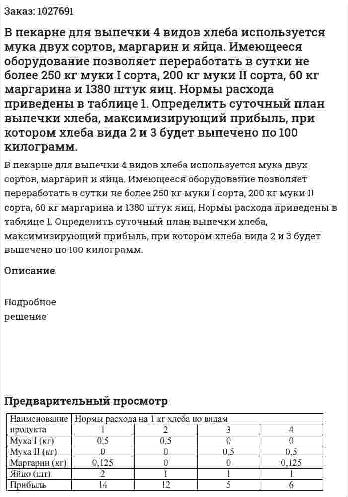 В пекарне для выпечки 4 видов хлеба используется мука двух сортов, маргарин и яйца. Имеющееся оборудование позволяет переработать в сутки не более 250 кг муки I сорта, 200 кг муки II сорта, 60 кг маргарина и 1380 штук яиц. Нормы расхода приведены в таблице 1.  Определить суточный план выпечки хлеба, максимизирующий прибыль, при котором хлеба вида 2 и 3 будет выпечено по 100 килограмм. 
