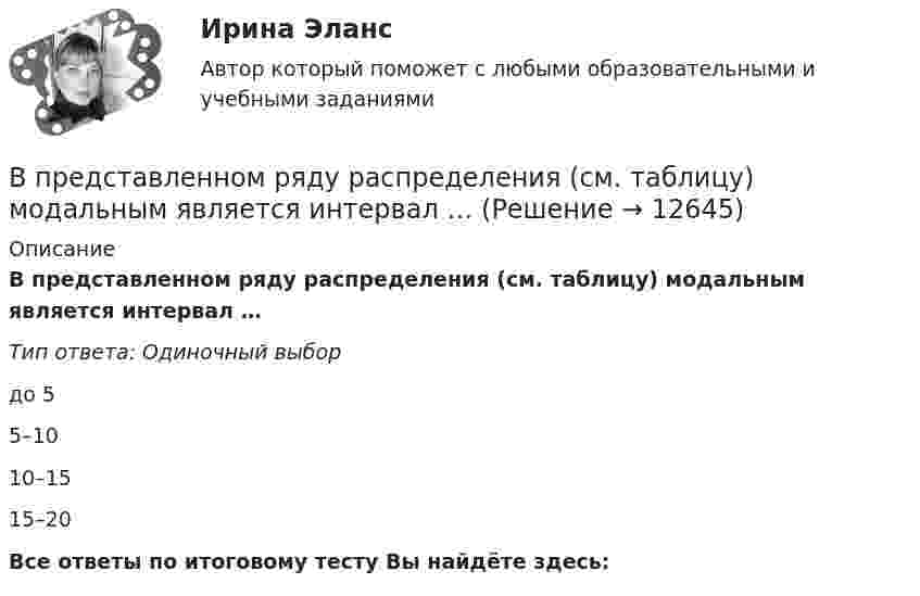      
          Описание
          В представленном ряду распределения (см. таблицу) модальным является интервал …Тип ответа: Одиночный выбордо 55–1010–1515–20Все ответы по итоговому тесту Вы найдёте здесь:   
            
            
            В предмет изучения микроэкономики входят такие ситуации, когда … (укажите 3 варианта ответа)В представленном ряду распределения (см. таблицу) модальным является интервал …В предшествующем периоде на предприятии было изготовлено 965 ед. продукции.В предыдущей задаче найти, с какой скоростью u2 и под каким углом 2 к горизонту полетит большая часть снаряда, если меньшая полетела вперед под углом 1=60о к горизонту.В преступлении с материальным составом причинная связь является ...В приведенном ниже письме на место пропуска (1) нужно добавить прилагательное ...  Easy / difficult / small / great / happy / yellow / new / goodВ приведенном ниже письме на место пропуска (1) нужно добавить прилагательное ...Easy / difficult / small / great / happy / yellow / new / good24 West 55th StreetNew York, NY, 1001915th NovemberDear Jacky, Here I am in New York, and I m quiteВ предложении You baked this cake, … ? на месте пропуска необходимо поставить конструкцию …В предложении You baked this cake, … ? на месте пропуска необходимо поставить конструкцию …    dont you      didnt you    did you    do youВ предложении “Говорливые волны ворчливо бурчали и с грохотом разбивались о берег” используется приём...В предложении «Мама уже приготовила ужин. Когда я вернулся домой» присутствует ... ошибкаВ предложных сочетаниях с временным значением «после чего-нибудь» (например, по окончани.) существительные на -ие пишутся на конце с буквой «...»   Тип ответа: Текстовый ответВ предложных сочетаниях с временным значением «после чего-нибудь» (например, по приезд.) существительные мужского рода второго склонения пишутся на конце с буквой «...» Тип ответа: Текстовый ответВ предмет ведения какой организации входят вопросы общественного здоровья и демографической устойчивости