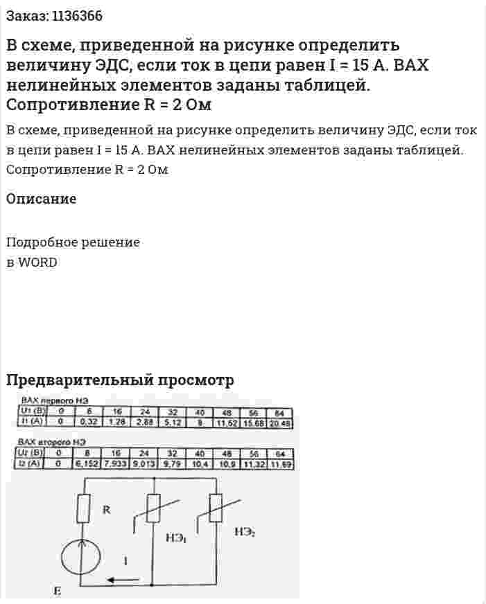 В схеме, приведенной на рисунке определить величину ЭДС, если ток в цепи равен I = 15 А. ВАХ нелинейных элементов заданы таблицей. Сопротивление R = 2 Ом 