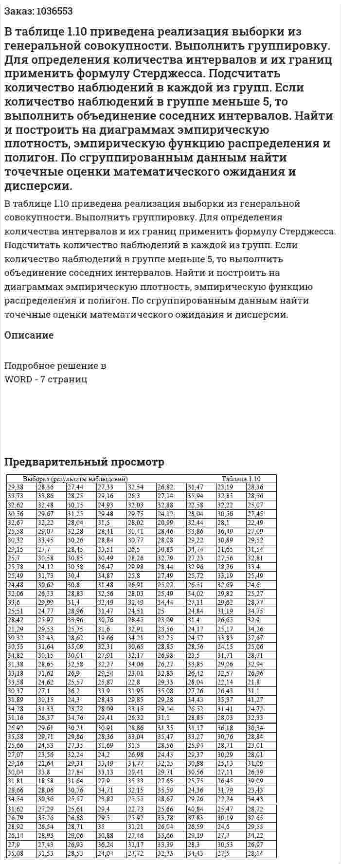 В  таблице 1.10 приведена реализация выборки из генеральной совокупности. Выполнить группировку. Для определения количества интервалов и их границ применить формулу Стерджеcса. Подсчитать количество наблюдений в каждой из групп. Если количество наблюдений в группе меньше 5, то выполнить объединение соседних интервалов. Найти и построить на диаграммах эмпирическую плотность, эмпирическую функцию распределения и полигон. По сгруппированным данным найти точечные оценки математического ожидания и дисперсии. 