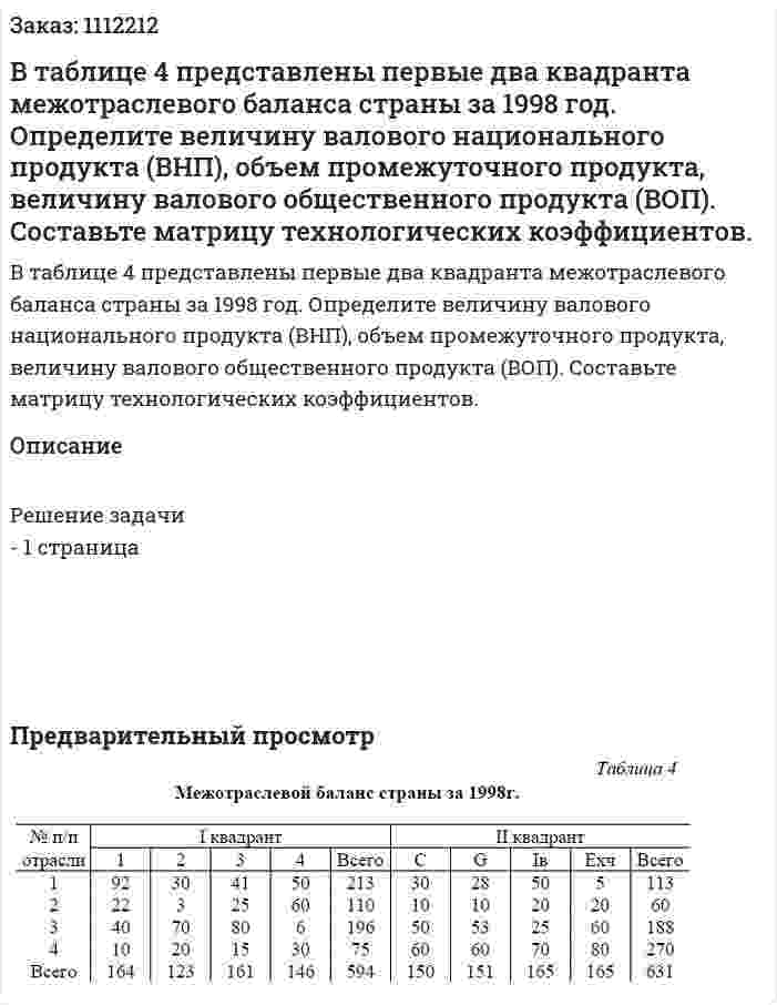 В таблице 4 представлены первые два квадранта межотраслевого баланса страны за 1998 год. Определите величину валового национального продукта (ВНП), объем промежуточного продукта, величину валового общественного продукта (ВОП). Составьте матрицу технологических коэффициентов. 