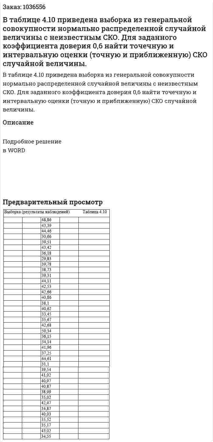 В таблице 4.10 приведена выборка из генеральной совокупности нормально распределенной случайной величины с неизвестным СКО. Для заданного коэффициента доверия 0,6 найти точечную и интервальную оценки (точную и приближенную) СКО случайной величины. 