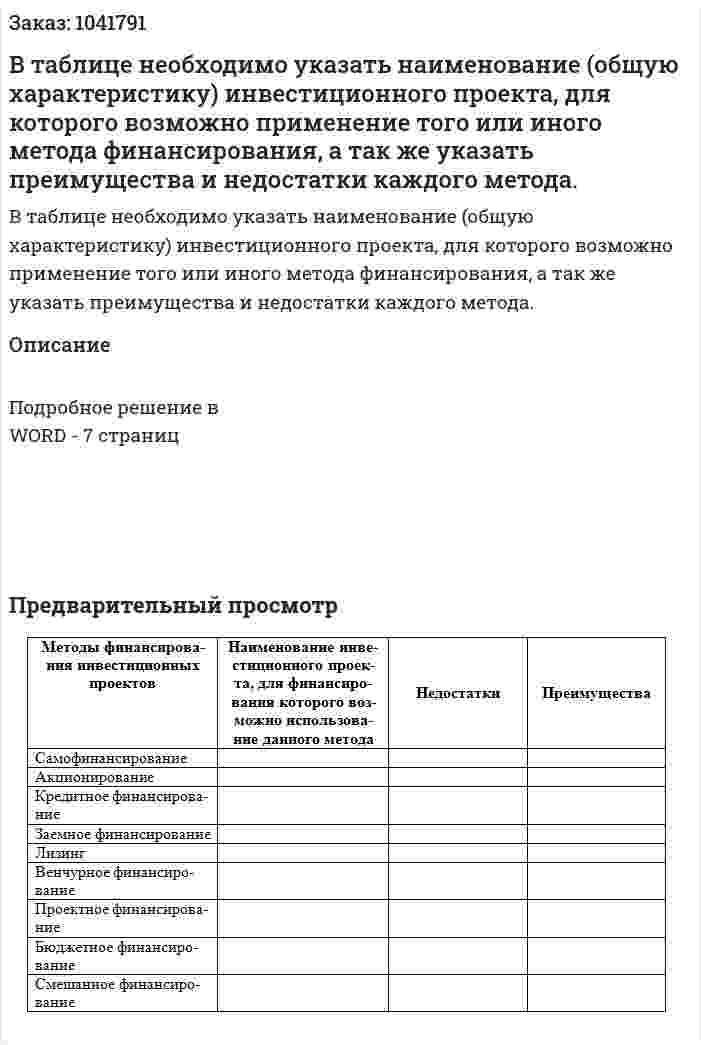 В таблице необходимо указать наименование (общую характеристику) инвестиционного проекта, для которого возможно применение того или иного метода финансирования, а так же указать преимущества и недостатки каждого метода.  