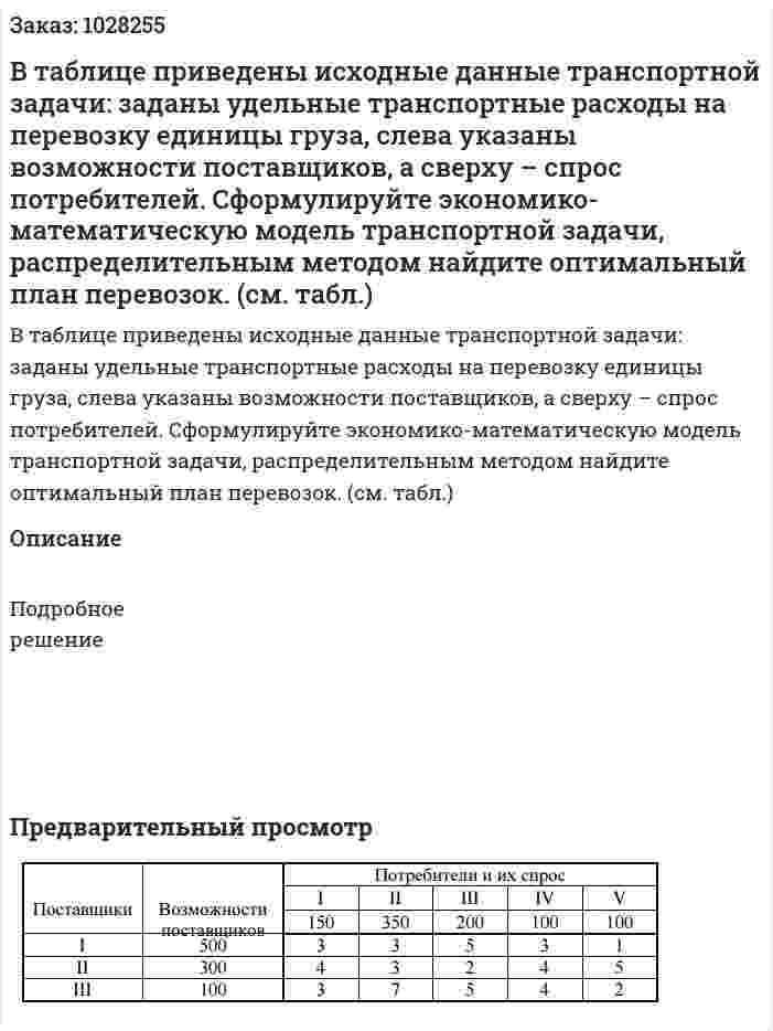 В таблице приведены исходные данные транспортной задачи: заданы удельные транспортные расходы на перевозку единицы груза, слева указаны возможности поставщиков, а сверху – спрос потребителей. Сформулируйте экономико-математическую модель транспортной задачи, распределительным методом найдите оптимальный план перевозок.  (см. табл.) 
