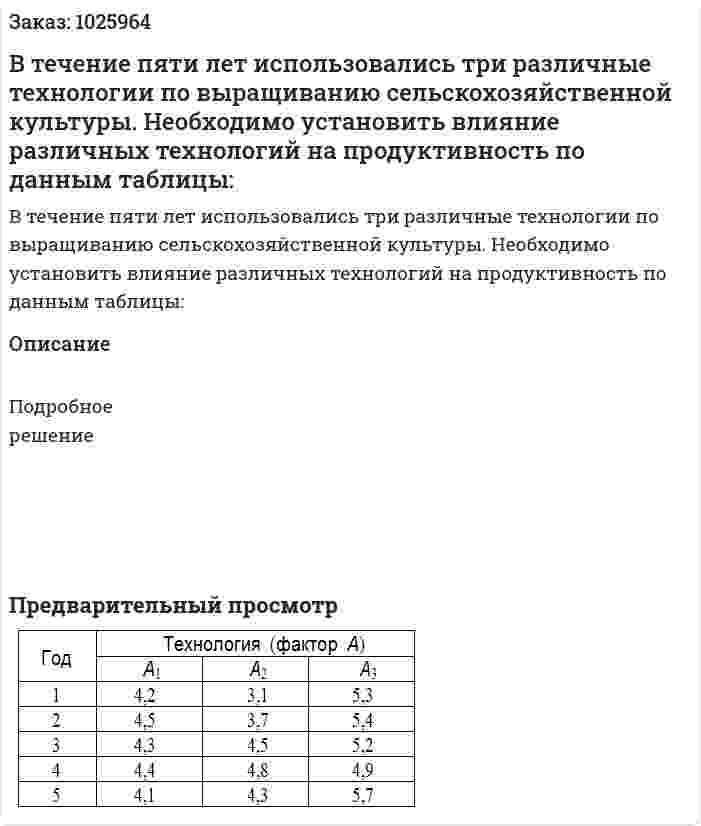 В течение пяти лет использовались три различные технологии по выращиванию сельскохозяйственной культуры. Необходимо установить влияние различных технологий на продуктивность по данным таблицы: 