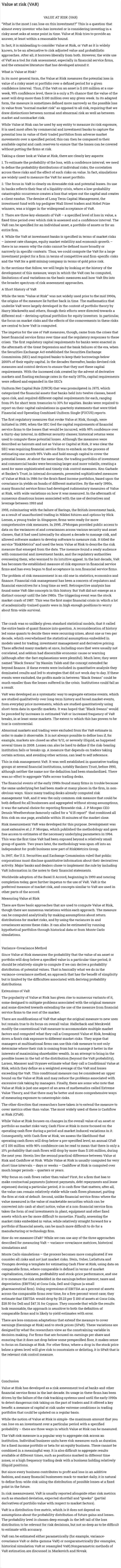 Value at risk (VAR)