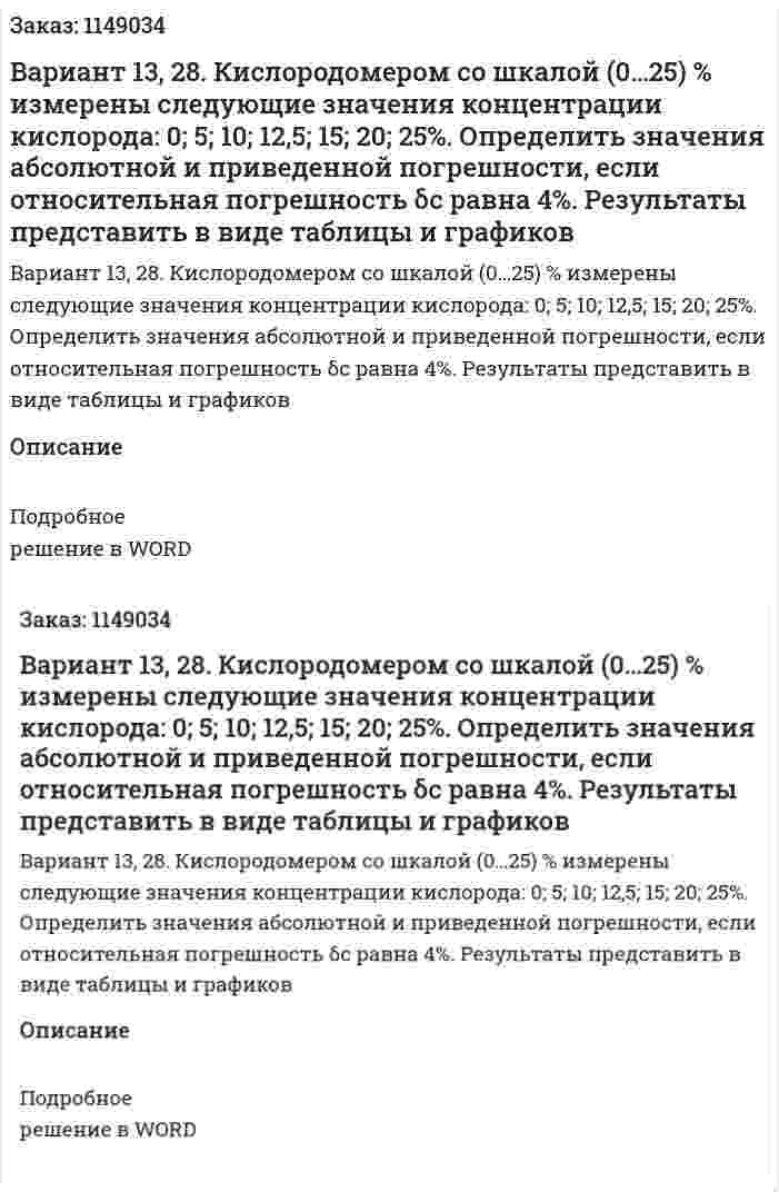 Вариант 13, 28.  Кислородомером со шкалой (0…25) % измерены следующие значения  концентрации кислорода: 0; 5; 10; 12,5; 15; 20; 25%. Определить значения абсолютной и приведенной погрешности, если относительная погрешность  δc равна 4%. Результаты представить в виде таблицы и графиков 