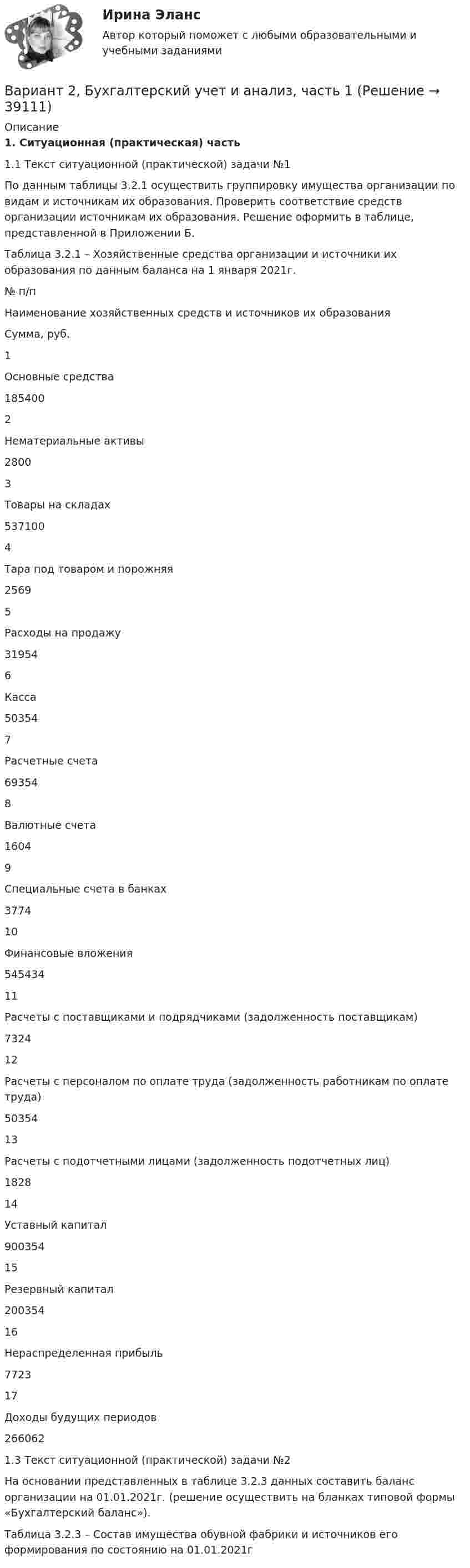     
          Описание
           1. Ситуационная (практическая) часть	1.1 Текст ситуационной (практической) задачи №1	По данным таблицы 3.2.1 осуществить группировку имущества организации по видам и источникам их образования. Проверить соответствие средств организации источникам их образования. Решение оформить в таблице, представленной в Приложении Б. 	Таблица 3.2.1 – Хозяйственные средства организации и источники их образования по данным баланса на 1 января 2021г.  № п/п Наименование хозяйственных средств и источников их образования  Сумма, руб.   1 Основные средства 185400   2 Нематериальные активы 2800   3 Товары на складах 537100   4 Тара под товаром и порожняя 2569   5 Расходы на продажу 31954   6 Касса 50354   7 Расчетные счета 69354   8 Валютные счета 1604   9 Специальные счета в банках 3774   10 Финансовые вложения 545434   11 Расчеты с поставщиками и подрядчиками (задолженность поставщикам) 7324   12 Расчеты с персоналом по оплате труда (задолженность работникам по оплате труда) 50354   13 Расчеты с подотчетными лицами (задолженность подотчетных лиц) 1828   14 Уставный капитал 900354   15 Резервный капитал 200354   16 Нераспределенная прибыль 7723   17 Доходы будущих периодов 266062  	1.3 Текст ситуационной (практической) задачи №2	На основании представленных в таблице 3.2.3 данных составить баланс организации на 01.01.2021г. (решение осуществить на бланках типовой формы «Бухгалтерский баланс»).  Таблица 3.2.3 – Состав имущества обувной фабрики и источников его формирования по состоянию на 01.01.2021г  
            
            
            Вариант 2 I. Cоставьте письмо - запрос, расставив следующие предложения по порядку: 1. Will you please inform us by return, by telephone or by telegram of the earliest possible date when you can take these goods. 2. Unfortunately the number of bags was 160, while our order was only 120.Вариант 2, Бухгалтерский учет и анализ, часть 1Вариант 2, Бухгалтерский учет и анализ, Часть 2.Вариант 2  Задание 1. Напишите глагол, данный в скобках, в правильной грамматической форме. Переведите предложения.  1. Seit 1900 sind zahlreiche Einzelvorschriften und auch ganze Abschnitte des BGB geändert. Вариант 2 Заполните таблицу, выделив основные философские школы поздней античности (не менее трех), указав их хронологические рамки, представителей и варианты решения проблемы как должен жить человек, чтобы быть счастливым.Вариант 2. Изучите ежегодные документы: Основные направления единой государственной денежно-кредитной политики на 2018-2020 период; доклад о денежно-кредитной политике Центрального Банка РФ (за соответствующие периоды). Заполните таблицу и проведите по ней анализ основных показателей денежно-кредитной политики в РФ. Сделайте выводы о характере ДКП, определите её тип.Вариант 2: Инфраструктура в России.Вариант 2 1. Перепишите следующие предложения и письменно переведите их на русский язык. При переводе обратите внимание на место предлога в русском языке:Вариант 2 1. Перепишите следующие предложения, определите в каждом из них тип условного предложения и переведите их на русский язык:ВАРИАНТ 22 - КР ПО ДИСКРЕТНОЙ МАТЕМАТИКЕВариант 24 24.1. Плоская проводящая рамка равномерно вращается в однородном магнитном поле вокруг неподвижной оси 00 (см. рисунок). Верно ли, что мгновенное значение ЭДС индукции зависит: 1 от удельного сопротивления проводника, из которого изготовлена рамка?Вариант 25 Укажите источники ЧС, причины их возникновения и последствия в соответствии с данными Вашего варианта из таблицы № 1.ВАРИАНТ 2.8 МИКРОЭКОНОМИКАВАРИАНТ 29 - История государства и права зарубежных стран