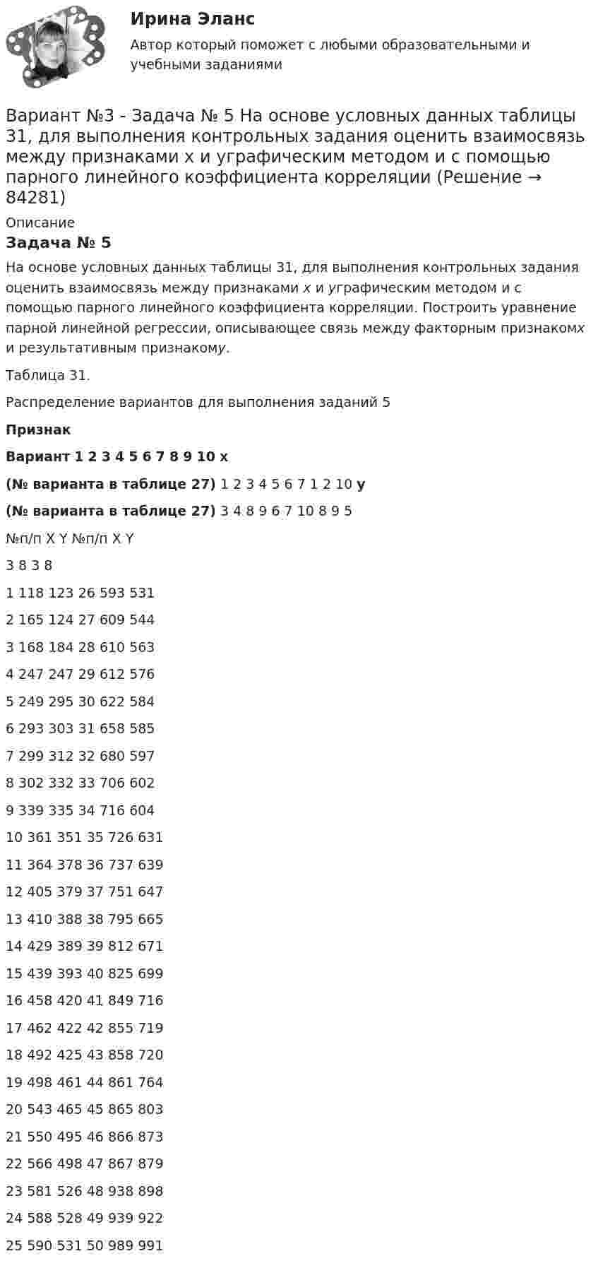     
            Описание
            Задача № 5	На основе условных данных таблицы 31, для выполнения контрольных задания оценить взаимосвязь между признаками x и yграфическим методом и с помощью парного линейного коэффициента корреляции. Построить уравнение парной линейной регрессии, описывающее связь между факторным признакомx и результативным признакомy.Таблица 31. Распределение вариантов для выполнения заданий 5 Признак Вариант 1 2 3 4 5 6 7 8 9 10 x(№ варианта в таблице 27) 1 2 3 4 5 6 7 1 2 10   y(№ варианта в таблице 27) 3 4 8 9 6 7 10 8 9 5  	    №п/п X Y   №п/п X Y   3 8   3 8    1 118 123   26 593 531   2 165 124   27 609 544   3 168 184   28 610 563   4 247 247   29 612 576   5 249 295   30 622 584   6 293 303   31 658 585   7 299 312   32 680 597   8 302 332   33 706 602   9 339 335   34 716 604   10 361 351   35 726 631   11 364 378   36 737 639   12 405 379   37 751 647   13 410 388   38 795 665   14 429 389   39 812 671   15 439 393   40 825 699   16 458 420   41 849 716   17 462 422   42 855 719   18 492 425   43 858 720   19 498 461   44 861 764   20 543 465   45 865 803   21 550 495   46 866 873   22 566 498   47 867 879   23 581 526   48 938 898   24 588 528   49 939 922   25 590 531   50 989 991     
            
            
            ВАРИАНТ № 3 - Гражданское право (общая часть)Вариант №3 - Задача № 5 	На основе условных данных таблицы 31, для выполнения контрольных задания оценить взаимосвязь между признаками x и yграфическим методом и с помощью парного линейного коэффициента корреляцииВариант №3 Используя изложенную ниже информацию, составьте Отчет о финансовом положении и Отчет о совокупном доходеВариант № 3 История органов внутренних делВАРИАНТ №3 - КР ПО ЮРИСПРУДЕНЦИИВариант №3- Микроэкономика -Практическое задание 1-6Вариант №3. На основе условных данных таблицы 27, на 50 таможенных постах за отчетный период, провести анализ вариации величины таможенных сборов (тыс. руб.) с товаров, перемещенных через таможенную границу, собранных таможенными постами. Вариант №2 «Организационный план в структуре бизнес - проекта»Вариант № 3ВАРИАНТ № 3Вариант №35 Диагностика и анализ финансово-хозяйственной деятельности предприятияВариант №38 Финансы и кредит ВАРИАНТ №3. Анализ прибыли и рентабельности  организации организация №2 (НПО ЭЛСИБ) - Расчетно-графическая работа по фин анализуВариант № 3 Гражданин Петров, 1998 года рождения, обратился в паспортный стол ООО «ЖЭУ-10» Центрального района г. Новосибирска с заявлением о снятии его с регистрационного учета по месту жительства в связи с переездом из г. Новосибирска в г. Краснодар на постоянное место жительства.