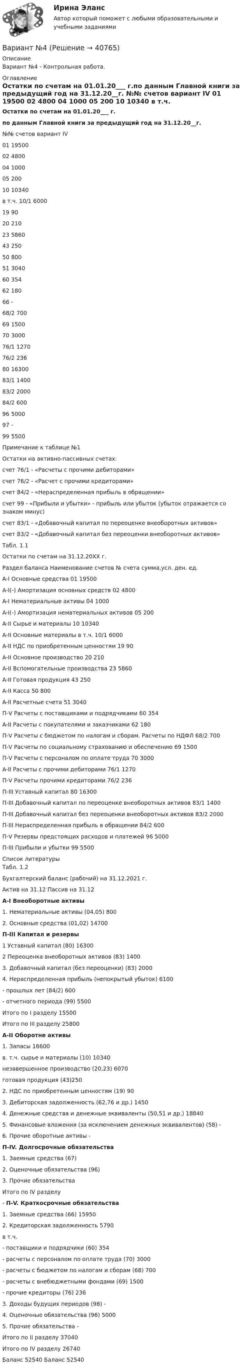      
          Описание
          Вариант №4 - Контрольная работа. 
          Оглавление
          Остатки по счетам на 01.01.20___ г.по данным Главной книги за предыдущий год на 31.12.20__г.  №№ счетов  вариант IV   01 19500   02 4800   04 1000   05 200   10 10340   в т.ч. 10/1 6000   19 90   20 210   23 5860   43 250   50 800   51 3040   60 354   62 180   66 -   68/2 700   69 1500   70 3000   76/1 1270   76/2 236   80 16300   83/1 1400   83/2 2000   84/2 600   96 5000   97 -   99 5500   Примечание к таблице №1Остатки на активно-пассивных счетах:счет 76/1 - «Расчеты с прочими дебиторами»счет 76/2 - «Расчет с прочими кредиторами»счет 84/2 - «Нераспределенная прибыль в обращении»счет 99 - «Прибыли и убытки» - прибыль или убыток (убыток отражается со знаком минус)счет 83/1 - «Добавочный капитал по переоценке внеоборотных активов»счет 83/2 - «Добавочный капитал без переоценки внеоборотных активов» Табл. 1.1Остатки по счетам на 31.12.20ХХ г.   Раздел баланса  Наименование счетов № счета сумма,усл. ден. ед.   A-I Основные средства 01 19500   A-I(-) Амортизация основных средств 02 4800   A-I Нематериальные активы 04 1000   A-I(-) Амортизация нематериальных активов 05 200   A-II Сырье и материалы 10 10340   A-II  Основные материалы в т.ч. 10/1 6000   A-II НДС по приобретенным ценностям 19 90   A-II Основное производство 20 210   A-II Вспомогательные производства 23 5860   A-II Готовая продукция 43 250   A-II Касса 50 800   A-II Расчетные счета 51 3040   П-V Расчеты с поставщиками и подрядчиками 60 354   A-II Расчеты с покупателями и заказчиками 62 180   П-V Расчеты с бюджетом по налогам и сборам. Расчеты по НДФЛ 68/2 700   П-V Расчеты по социальному страхованию и обеспечению 69 1500   П-V Расчеты с персоналом по оплате труда 70 3000   A-II Расчеты с прочими дебиторами 76/1 1270   П-V Расчеты прочими кредиторами 76/2 236   П-III Уставный капитал 80 16300   П-III Добавочный капитал по переоценке внеоборотных активов 83/1 1400   П-III Добавочный капитал без переоценки внеоборотных активов 83/2 2000   П-III Нераспределенная прибыль в обращении 84/2 600   П-V Резервы предстоящих расходов и платежей 96 5000   П-III Прибыли и убытки  99 5500  
          Список литературы
          Табл. 1.2Бухгалтерский баланс (рабочий) на 31.12.2021 г.  Актив  на 31.12 Пассив на 31.12 A-I Внеоборотные активы1. Нематериальные активы (04,05) 8002. Основные средства (01,02)  14700 П-III Капитал и резервы1 Уставный капитал (80) 163002 Переоценка внеоборотных активов (83) 14003. Добавочный капитал (без переоценки) (83) 20004. Нераспределенная прибыль (непокрытый убыток) 6100- прошлых лет (84/2) 600- отчетного периода (99) 5500   Итого по I разделу  15500 Итого по III разделу  25800 А-II Оборотне активы1. Запасы 16600 в. т.ч. сырье и материалы (10) 10340 незавершенное производство (20,23) 6070готовая продукция (43)2502. НДС по приобретенным ценностям (19) 903. Дебиторская задолженность (62,76 и др.) 14504. Денежные средства и денежные эквиваленты (50,51 и др.) 188405. Финансовые вложения (за исключением денежных эквивалентов) (58) -6. Прочие оборотные активы -  П-IV. Долгосрочные обязательства1. Заемные средства (67)2. Оценочные обязательства (96)3. Прочие обязательства    Итого по IV разделу -   П-V. Краткосрочные обязательства1. Заемные средства (66) 159502. Кредиторская задолженность  5790 в т.ч.- поставщики и подрядчики (60) 354- расчеты с персоналом по оплате труда (70) 3000- расчеты с бюджетом по налогам и сборам (68) 700- расчеты с внебюджетными фондами (69) 1500- прочие кредиторы (76) 236 3. Доходы будущих периодов (98) -4. Оценочные обязательства (96) 50005. Прочие обязательства -    Итого по II разделу  37040 Итого по IV разделу 26740   Баланс 52540 Баланс 52540
            
            
            Вариант №3 по  предпринимательской деятельностиВариант №4Вариант №4- Микроэкономика -Практическое задание 1-6Вариант № 4. Пневмоцилиндр 2 Пневмоцилиндр - исполнительное устройство пневмопривода. В пневмоцилиндрах энергия сжатого воздуха преобразуется в механическую.Вариант №5 - Контрольная работа по прогнозированию экономических процессов Вариант №5- Микроэкономика -Практическое задание 1-6Вариант №6Вариант №3 - Задача № 5 	На основе условных данных таблицы 31, для выполнения контрольных задания оценить взаимосвязь между признаками x и yграфическим методом и с помощью парного линейного коэффициента корреляцииВариант №3 Используя изложенную ниже информацию, составьте Отчет о финансовом положении и Отчет о совокупном доходеВариант № 3 История органов внутренних делВАРИАНТ №3 - КР ПО ЮРИСПРУДЕНЦИИВариант №3- Микроэкономика -Практическое задание 1-6Вариант №3. На основе условных данных таблицы 27, на 50 таможенных постах за отчетный период, провести анализ вариации величины таможенных сборов (тыс. руб.) с товаров, перемещенных через таможенную границу, собранных таможенными постами. Вариант №3 - По вариантам, представленным в таблице 28, используя эмпирические данные таможенной статистики, 
