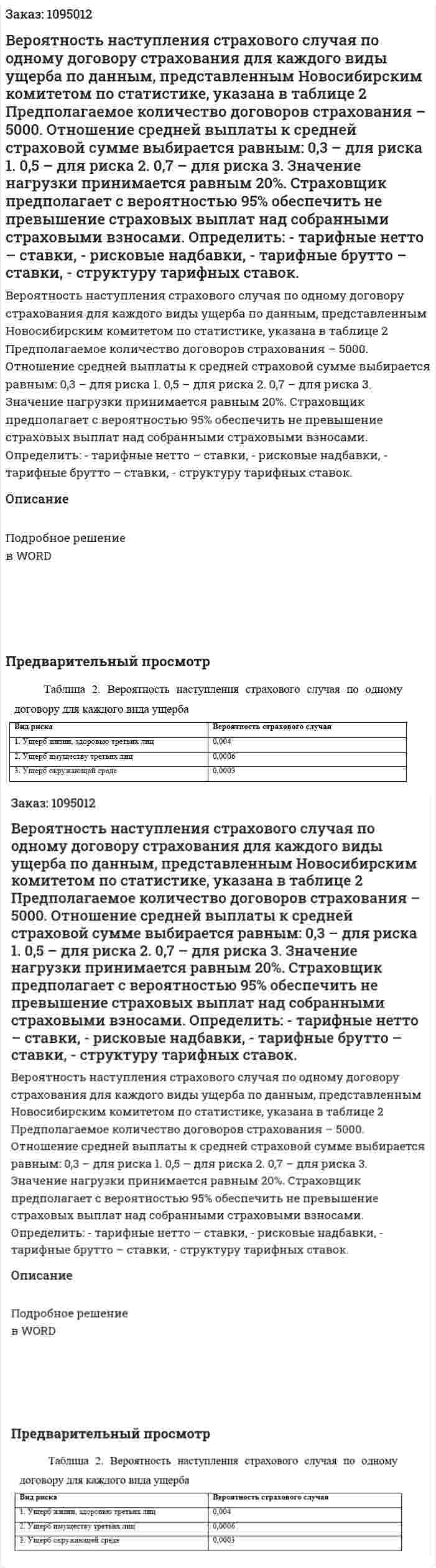Вероятность наступления страхового случая по одному договору страхования для каждого виды ущерба по данным, представленным Новосибирским комитетом по статистике, указана в таблице 2  Предполагаемое количество договоров страхования – 5000. Отношение средней выплаты к средней страховой сумме выбирается равным: 0,3 – для риска 1. 0,5 – для риска 2. 0,7 – для риска 3.  Значение нагрузки принимается равным 20%.  Страховщик предполагает с вероятностью 95% обеспечить не превышение страховых выплат над собранными страховыми взносами. Определить:  - тарифные нетто – ставки,  - рисковые надбавки,  - тарифные брутто – ставки,  - структуру тарифных ставок. 