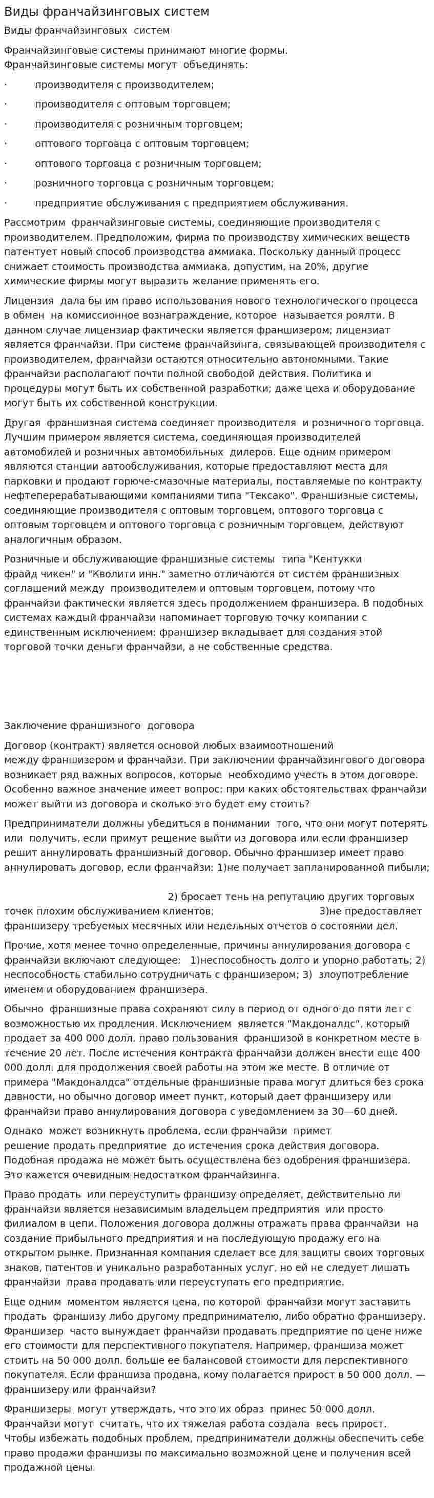 Виды франчайзинговых систем