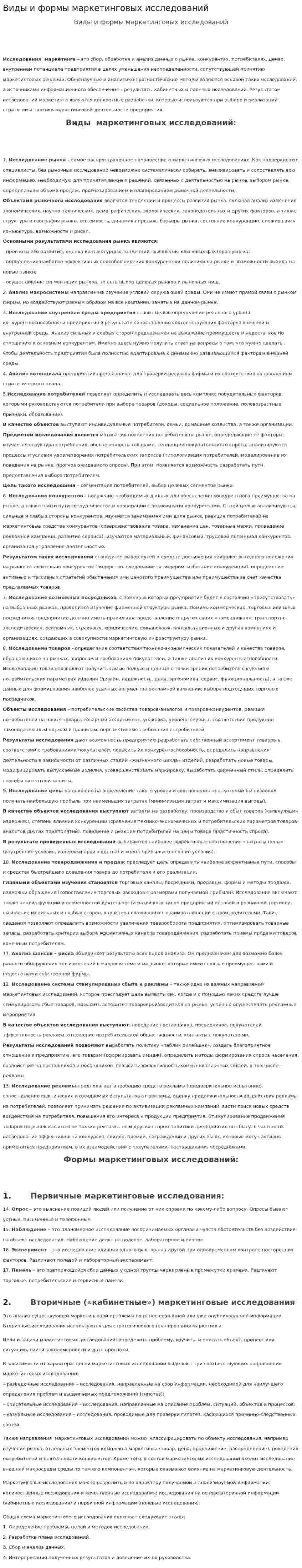 Виды и формы маркетинговых исследований