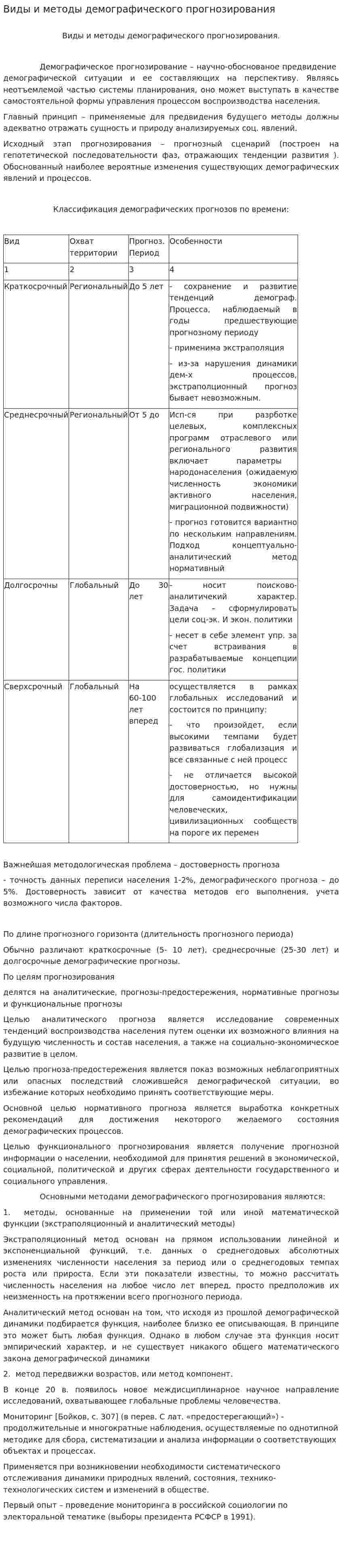 Виды и методы демографического прогнозирования