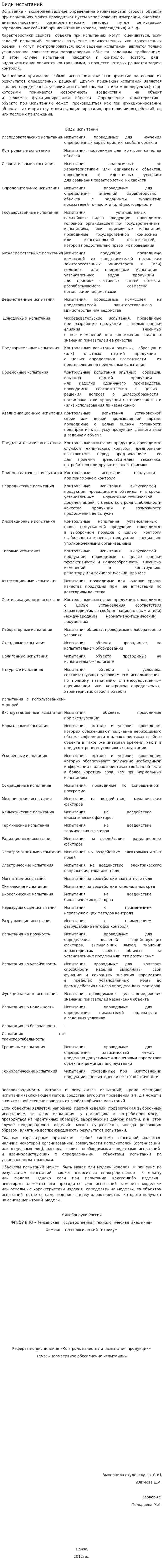 Виды испытаний