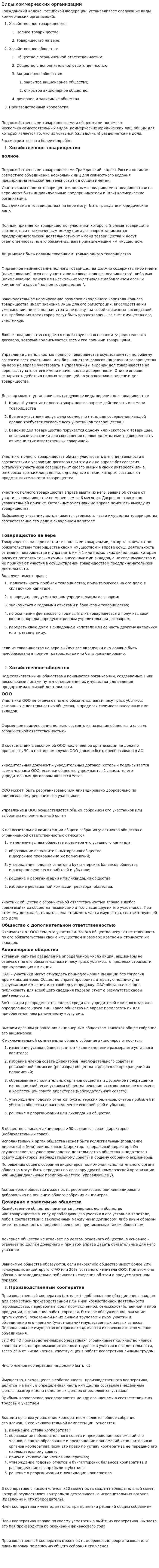 Виды коммерческих организаций