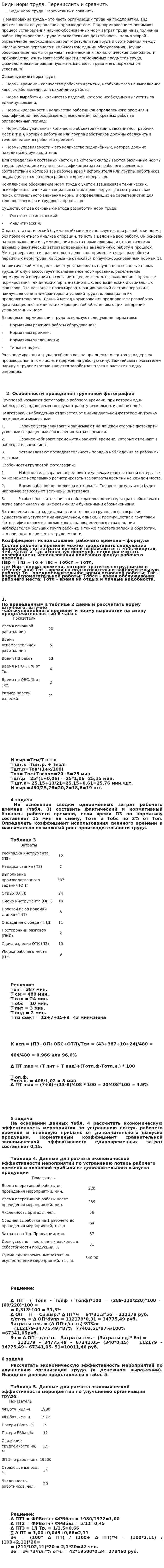 Виды норм труда. Перечислить и сравнить