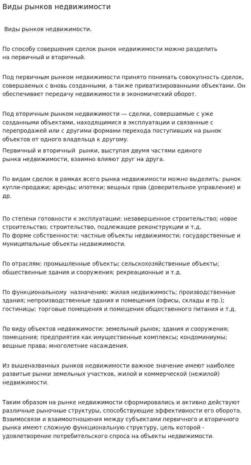Виды рынков недвижимости