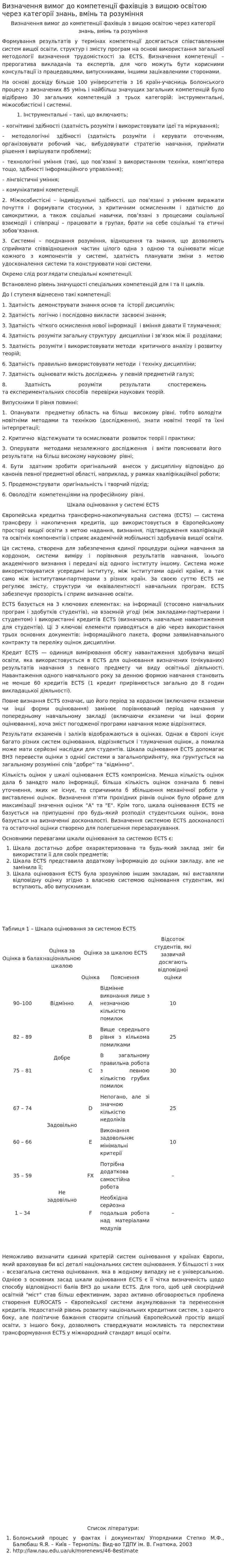 Визначення вимог до компетенції фахівців з вищою освітою через категорії знань, вмінь та розуміння