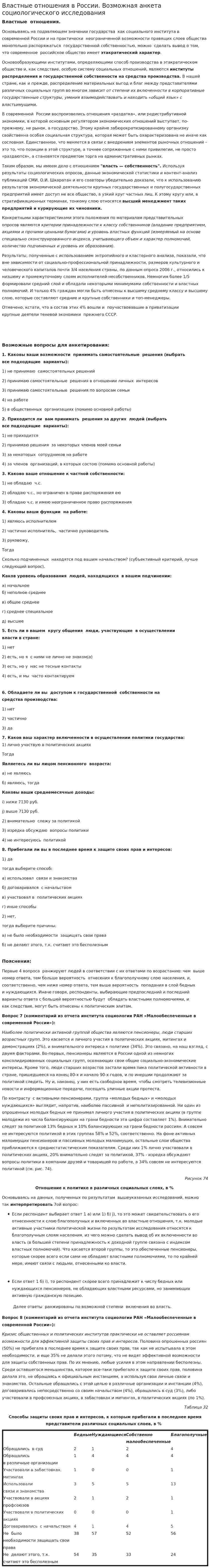 Властные отношения в России. Возможная анкета социологического исследования