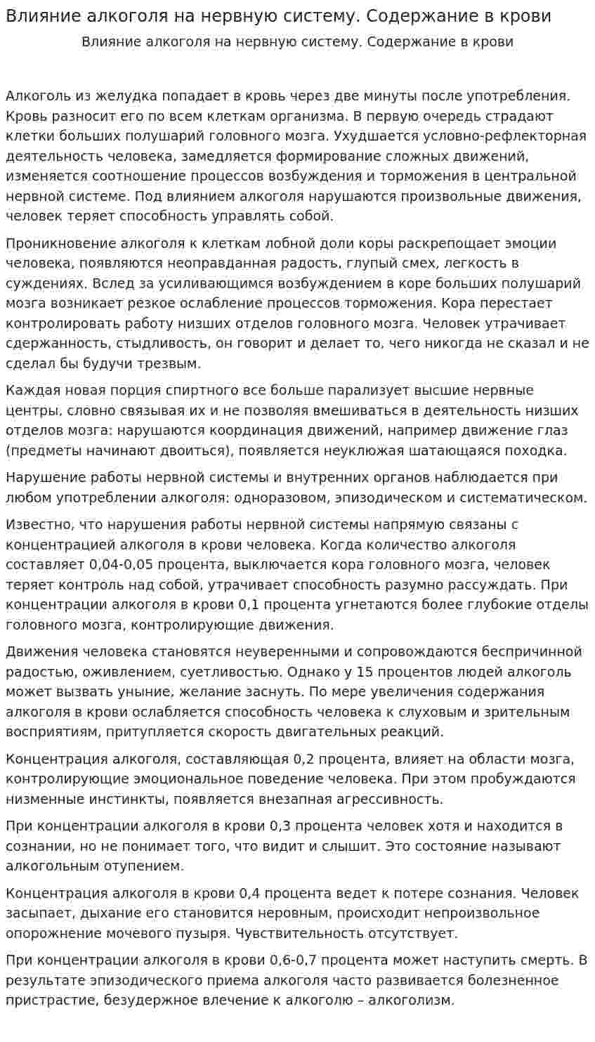 Влияние алкоголя на нервную систему. Содержание в крови