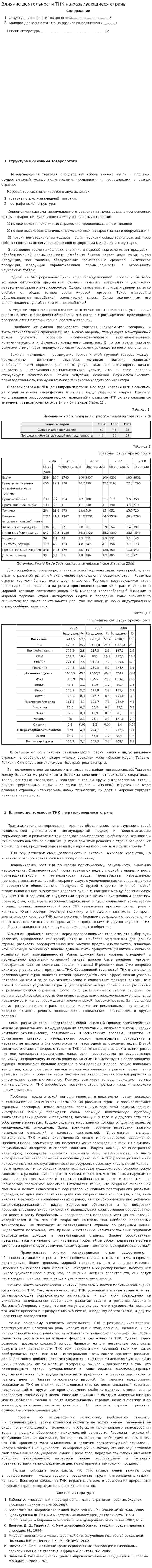 Влияние деятельности ТНК на развивающиеся страны