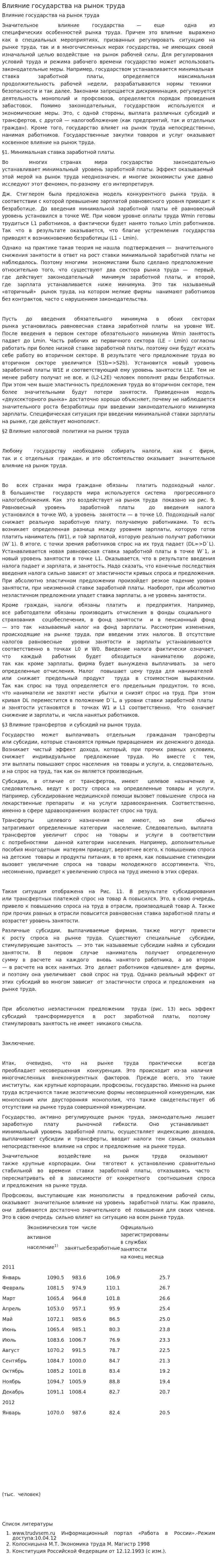 Влияние государства на рынок труда