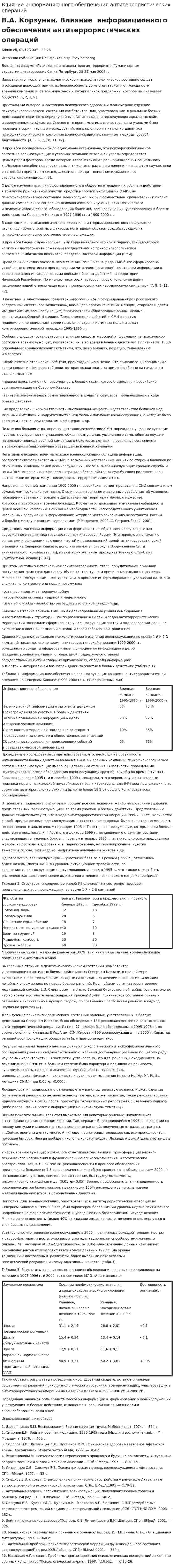 Влияние информационного обеспечения антитеррористических операций