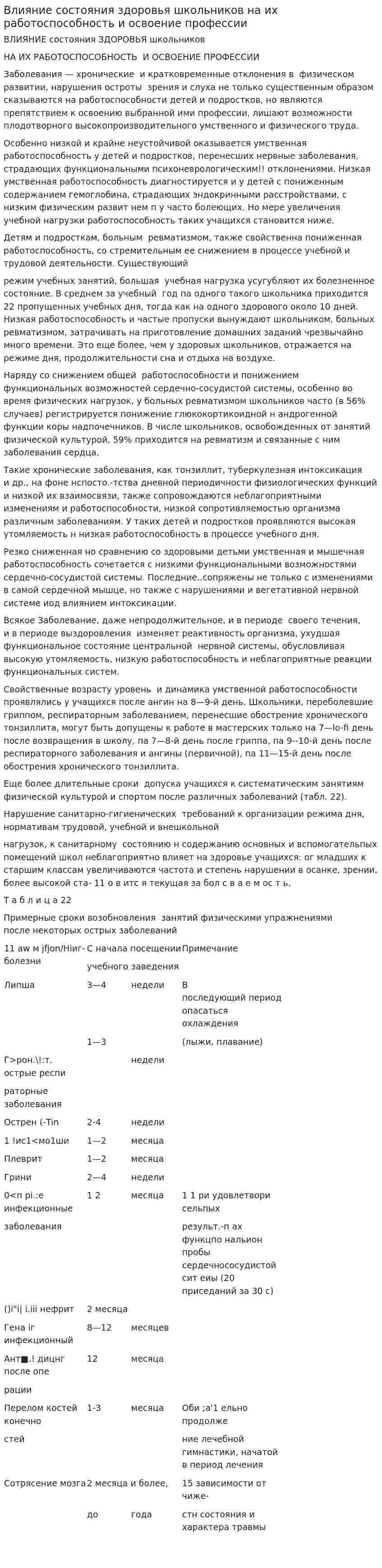 Влияние состояния здоровья школьников на их работоспособность и освоение профессии