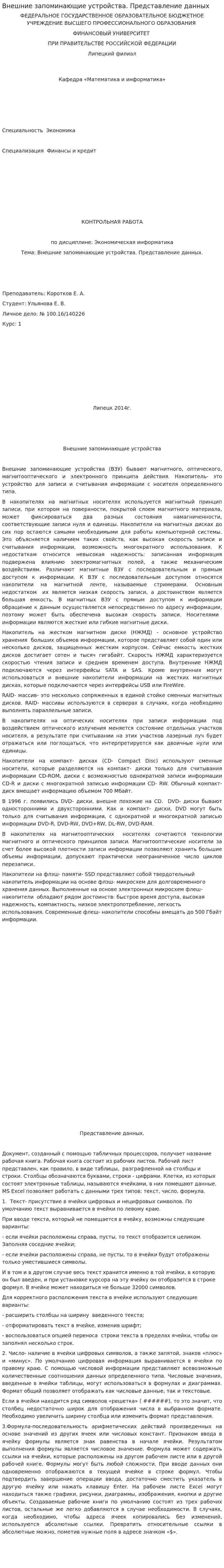 Внешние запоминающие устройства. Представление данных