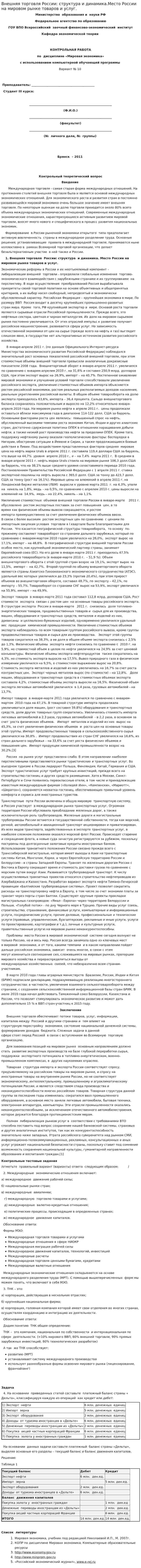 Внешняя торговля России: структура и динамика.Место России на мировом рынке товаров и услуг.