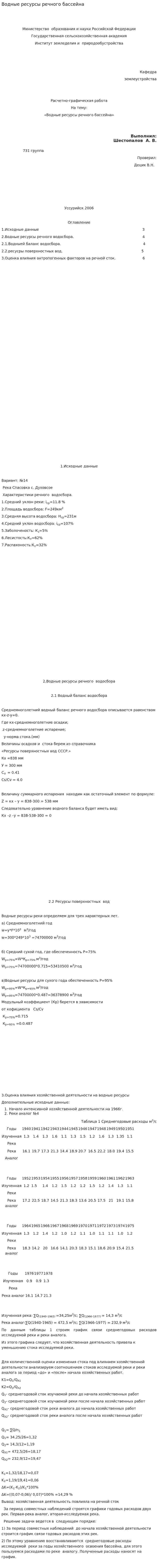 Водные ресурсы речного бассейна