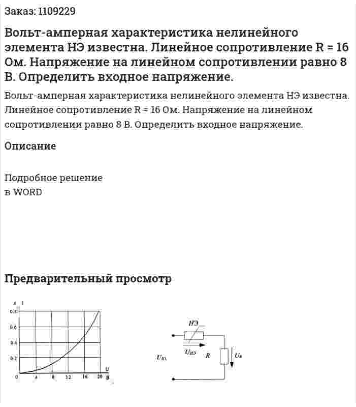 Вольт-амперная характеристика нелинейного элемента НЭ известна. Линейное сопротивление R  = 16 Ом. Напряжение на линейном сопротивлении равно 8 В.  Определить входное напряжение. 