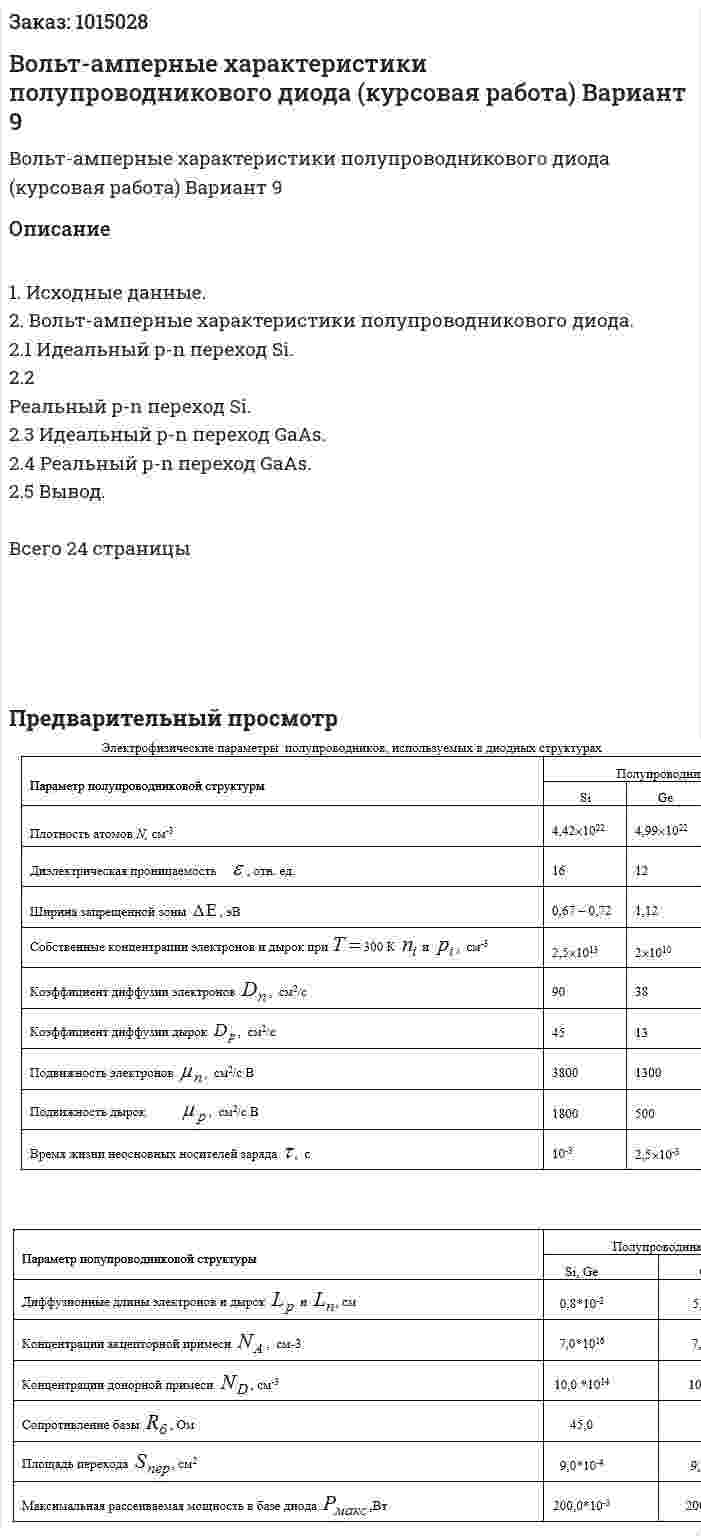 Вольт-амперные характеристики полупроводникового диода (курсовая работа) Вариант 9 