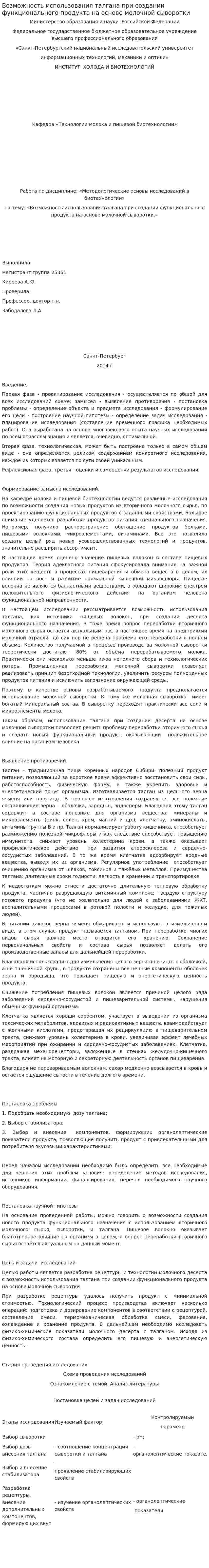 Возможность использования талгана при создании функционального продукта на основе молочной сыворотки
