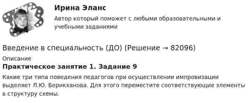      
            Описание
            Практическое занятие 1. Задание 9Какие три типа поведения педагогов при осуществлении импровизации выделяет Л.Ю. Берикханова. Для этого переместите соответствующие элементы в структуру схемы.   
            
            
            Введение в специальность (ДО)Введение в специальность (ДО)Введение в специальность (ДО)Введение в специальность (ДО)Введение в специальность (ДО)Введение в специальность (ДОУА) Практическое занятие 1. Задания 1 - 4, 6ВВЕДЕНИЕ В СПЕЦИАЛЬНОСТЬ (ДОУА) Тестовые вопросы к разделу 1Введение в профессию (Электроэнергетика и электротехника) итоговый тест Введение в профессию (Электроэнергетика и электротехника)  / Итоговый тест / РОСДИСТАНТВведение в профессию (Энерго- и ресурсосберегающие процессы )введение в специальность Введение в специальность Банковское дело [38.02.07]. Синергия. Ответы на ИТОГОВЫЙ ТЕСТ. На отлично!Введение в специальность Государственная и муниципальная служба. Синергия. На отлично!Введение в специальность Государственная муниципальная служба тест Синергия МФПУ