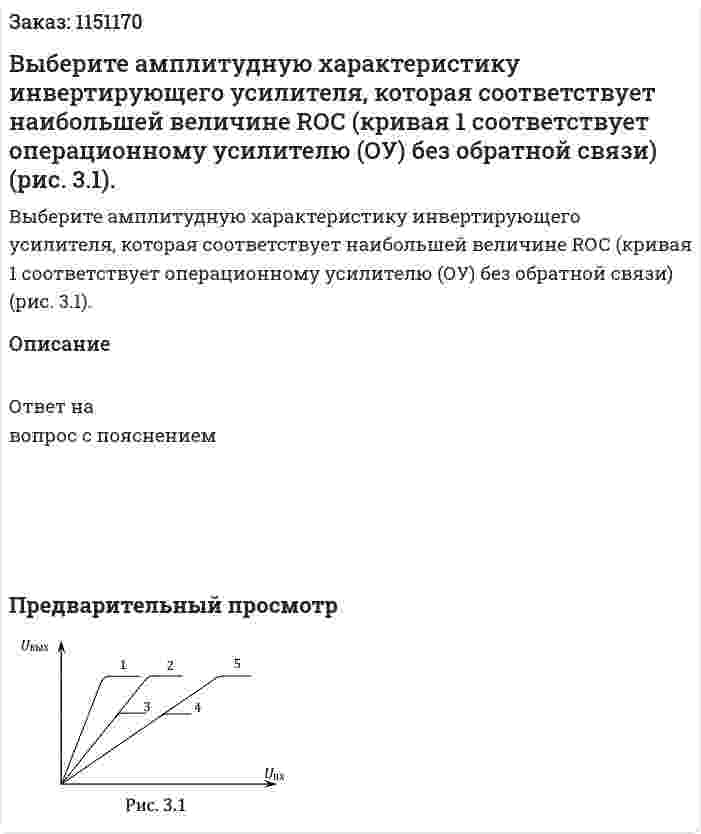 Выберите  амплитудную  характеристику  инвертирующего  усилителя, которая соответствует  наибольшей  величине  RОС  (кривая  1 соответствует операционному усилителю (ОУ) без обратной связи) (рис. 3.1). 