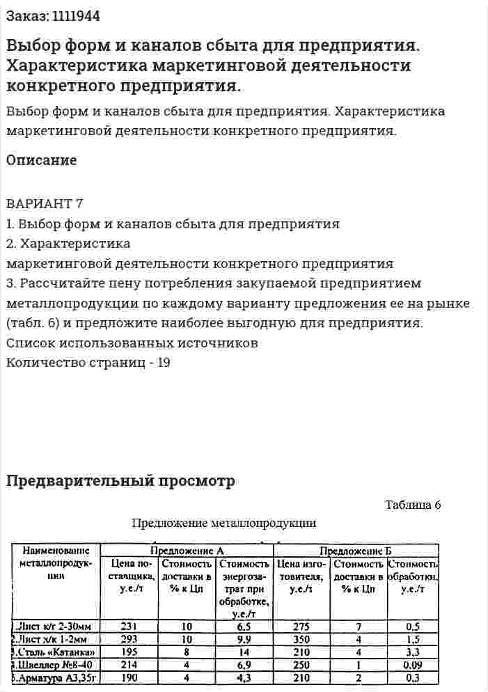Выбор форм и каналов сбыта для предприятия. Характеристика маркетинговой деятельности конкретного предприятия. (контрольная работа) 