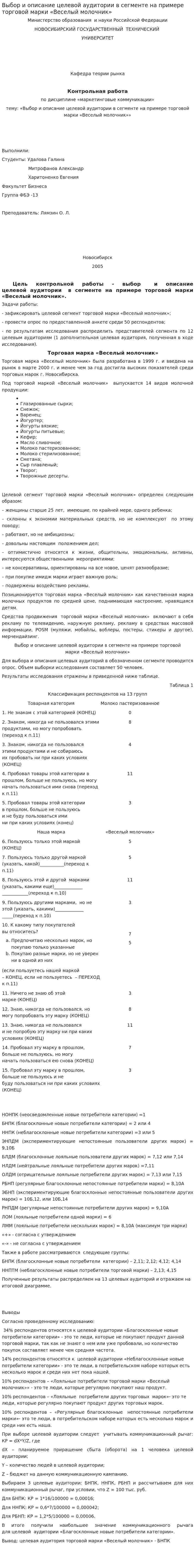 Выбор и описание целевой аудитории в сегменте на примере торговой марки «Веселый молочник»