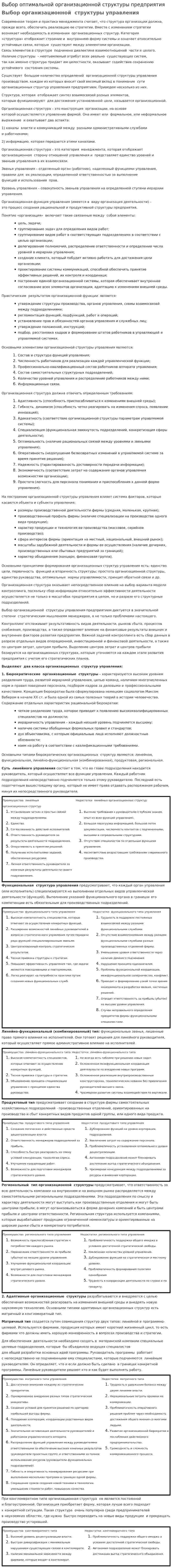 Выбор оптимальной организационной структуры предприятия
