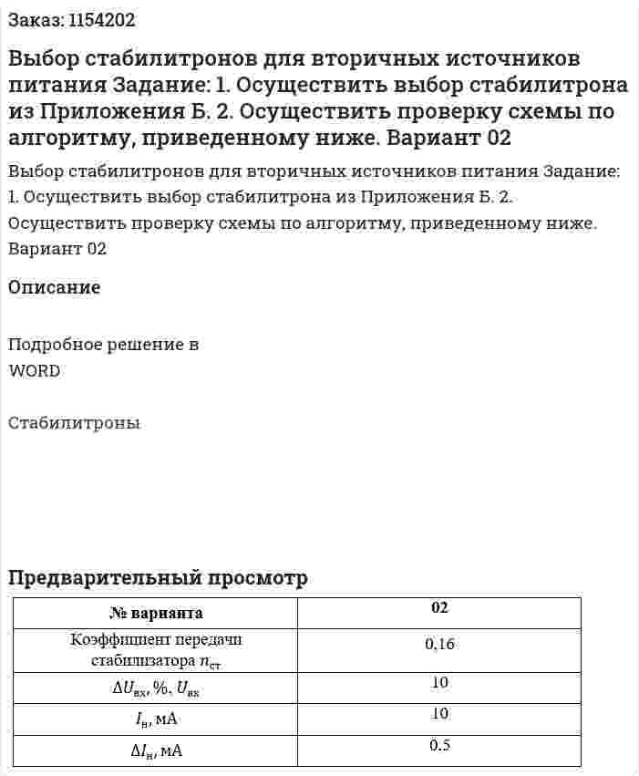 Выбор стабилитронов для вторичных источников питания Задание: 1. Осуществить выбор стабилитрона из Приложения Б. 2. Осуществить проверку схемы по алгоритму, приведенному ниже. Вариант 02 