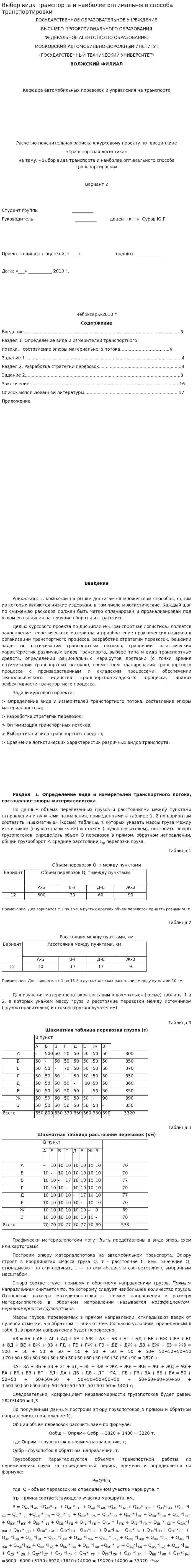 Выбор вида транспорта и наиболее оптимального способа транспортировки