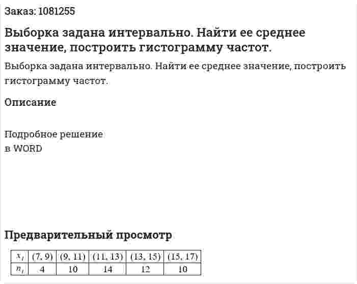 Выборка задана интервально. Найти ее среднее значение, построить гистограмму частот. 