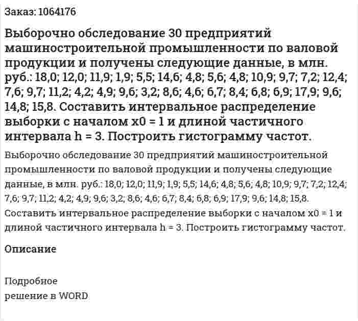 Выборочно обследование 30 предприятий машиностроительной промышленности по валовой продукции и получены следующие данные, в млн. руб.: 	18,0;   12,0;   11,9;   1,9;   5,5;  14,6;    4,8;   5,6;   4,8;   10,9;   9,7;   7,2;  12,4;   7,6;     9,7;   11,2;    4,2;    4,9;  9,6;    3,2;     8,6;   4,6;   6,7;   8,4;   6,8;   6,9;  17,9;   9,6;  14,8;   15,8. 	Составить интервальное распределение выборки с началом x0 = 1  и длиной частичного интервала  h = 3. Построить гистограмму частот. 