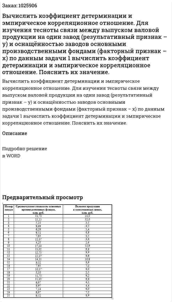 Вычислить коэффициент детерминации и эмпирическое корреляционное отношение. Для изучения тесноты связи между выпуском валовой продукции на один завод (результативный признак – y) и оснащённостью заводов основными производственными фондами (факторный признак – х) по данным задачи 1 вычислить коэффициент детерминации и эмпирическое корреляционное отношение. Пояснить их значение. 