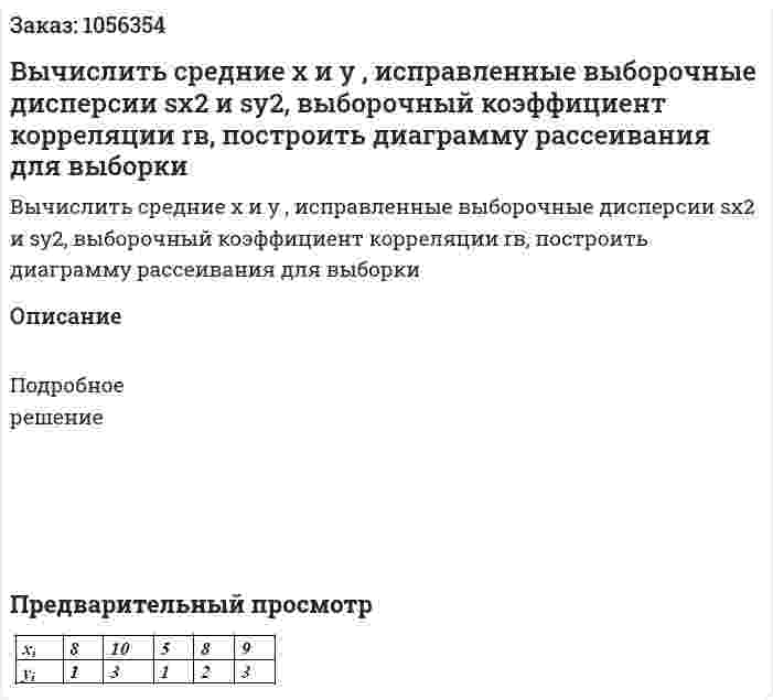 Вычислить средние x и y , исправленные выборочные дисперсии sx2 и sy2, выборочный коэффициент корреляции rв, построить диаграмму рассеивания для выборки 