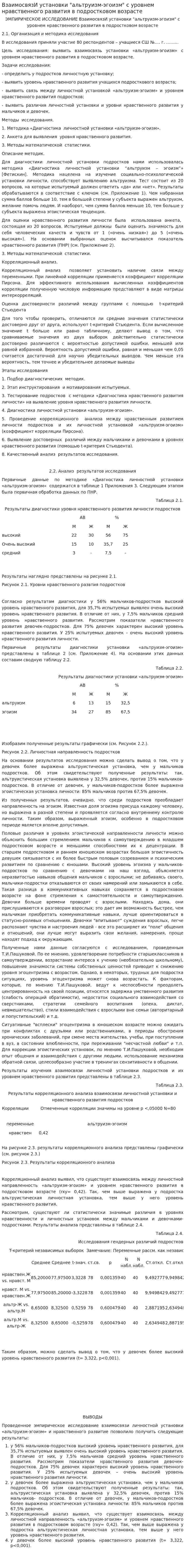 ВзаимосвязИ установки "альтруизм-эгоизм" с уровнем нравственного развития в подростковом возрасте