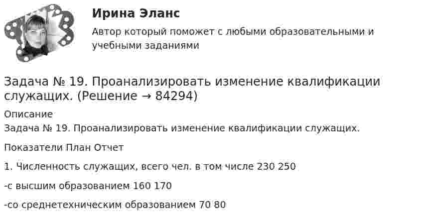      
            Описание
            	Задача № 19. Проанализировать изменение квалификации служащих.  Показатели План Отчет   1. Численность служащих, всего чел. в том числе  230  250 -с высшим образованием 160 170 -со среднетехническим образованием 70 80     
            
            
            Задача №18 Электронные выпрямителиЗадача № 19. Проанализировать изменение квалификации служащих.Задача №1 Альтернативная стоимость 1 стола равна 2 стульям. Максимально возможное количество стульев равно 40. Каково максимально возможное количество производства стульев при производстве 10 столов?Задача № 1. Битюк, Xаров и Самин решили похитить автомобиль. Напав на водителя такси Чуева, они избили его, нанеся множественные удары руками и ногами по различным частям тела, в том числе в голову потерпевшего, а Xаров, кроме того, нанёс несколько ударов монтажным ключом в голову и по другим частям тела потерпевшего.Задача № 1. Братья Светоний и Транквилл не могли придти к соглашению о разделе наследства, оставшегося от отца, а именно, они не могли решить, кто из них должен стать собственником крупного бриллианта, составлявшего большую часть наследства. Братья обратились к претору, и судья, назначенный претором, предписал разделить драгоценный камень на две равные части – по половине каждому брату.Задача № 1. В 1864 г. в России была проведена Земская реформа. Раскройте изменения в структуре органов местной власти, которые она вызвала?ЗАДАЧА № 1 Вариант 1.20. Имеется 3 заготовки для одной и той же детали. Вероятность изготовления стандартной детали из каждой заготовки равна 0,2. Найти закон распределения, математическое ожидание и дисперсию числа заготовок, оставшихся при изготовлении одной стандартной детали. Построить функцию распределения. Определить вероятность того, что число оставшихся заготовок не менее двух.Задача № 1 1. Создание информационной базы исследования. Используя пакеты профессиональных статистических программ Statistica, SPSS или электронные таблицы Microsoft Excel, создайте лист для массива данных следующего вида.Задача № 1.1 Условие. Стоимость имущества универмага потребительской кооперации составляет 65 млн. д.е., страховая сумма – 50 млн. д.е. Ущерб при наступлении страхового случая составил 45 млн. д.е.Задача № 1 23 мая 2018 г. было возбуждено уголовное дело в отношении Карпова, подозревавшегося в совершении в отношении совершеннолетней Прониной преступления, предусмотренного ч. 2 ст. 131 УК РФ.Задача № 1.3 Условие. Автомобиль застрахован по пропорциональной системе ответственности на 64 тыс. д.е. Его действительная стоимость равна 76 тыс. д.е. При какой сумме ущерба страховое возмещение будет равно 49 тыс. д.е.? Задача № 2.3Задача № 1.3 Условие. Автомобиль застрахован по пропорциональной системе ответственности на 64 тыс. д.е. Его действительная стоимость равна 76 тыс. д.е. При какой сумме ущерба страховое возмещение будет равно 49 тыс. д.е.? Задача № 2.3. 2Задача № 1.3 Условие. Автомобиль застрахован по пропорциональной системе ответственности на 64 тыс. д.е. Его действительная стоимость равна 76 тыс. д.е. При какой сумме ущерба страховое возмещение будет равно 49 тыс. д.е.? Задача № 2.3. 3Задача №18. Проанализировать изменение квалификации рабочих.